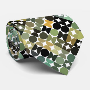 Olive Green Taupe Beige Black Circles Art Pattern Tie