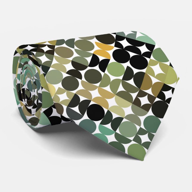 Olive Green Taupe Beige Black Circles Art Pattern Tie (Rolled)