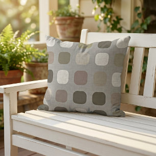 Olive Green Taupe Round Squares Pattern On Grey Outdoor Pillow