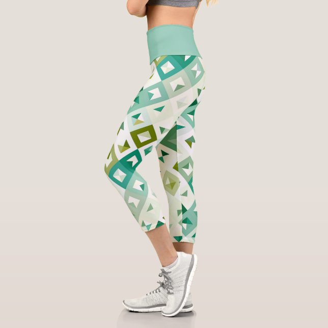 Olive Green Teal Blue Ivory Mosaic Art Pattern Capri Leggings (Left)