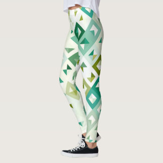 Olive Green Teal Blue Ivory Mosaic Art Pattern Leggings
