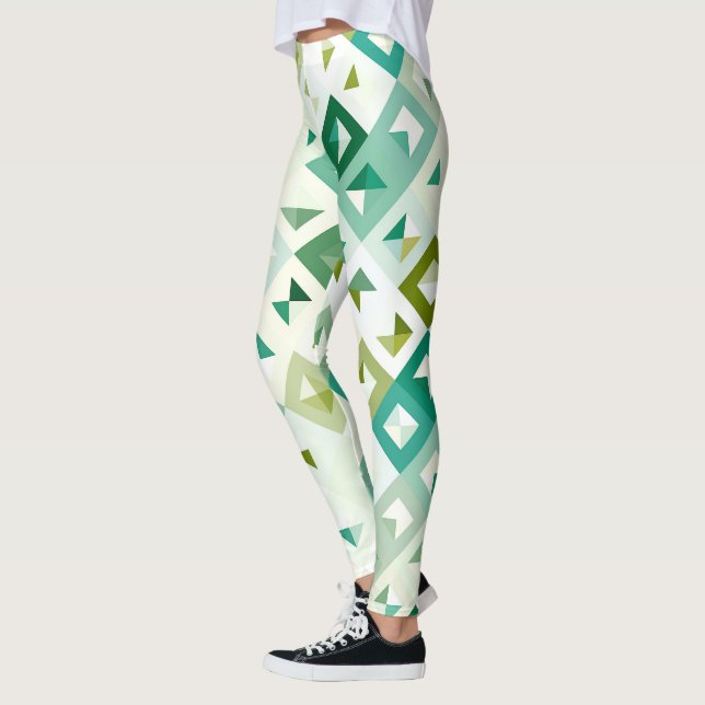 Olive Green Teal Blue Ivory Mosaic Art Pattern Leggings (Left)