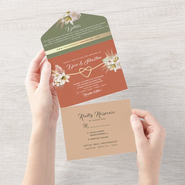 Olive Green & Terracotta Pampas Grass Wedding All In One Invitation (Tearaway)
