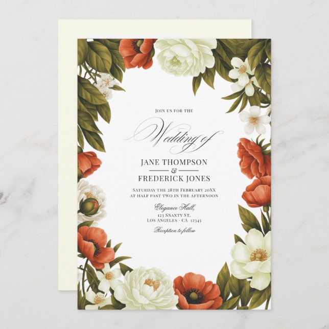 Olive Green Terracotta & Soft Ivory Floral Wedding Invitation (Front/Back)