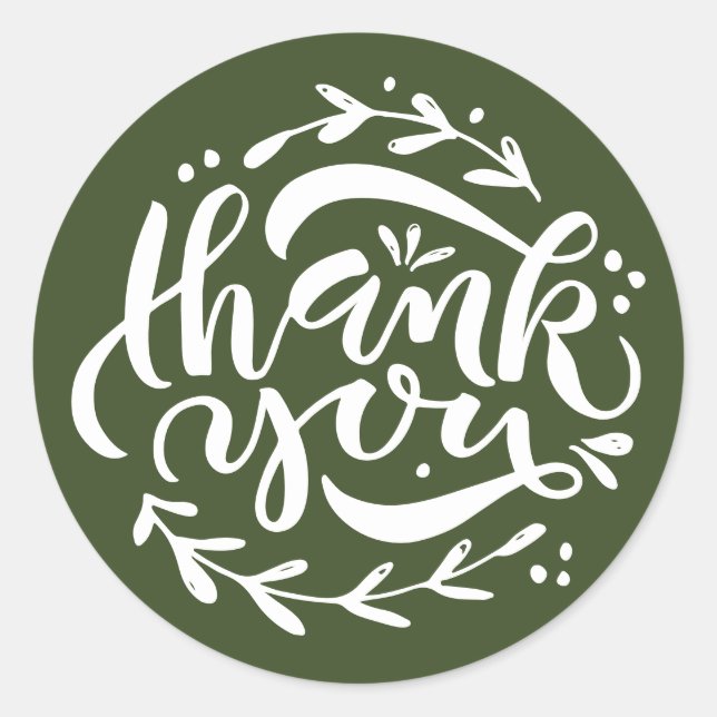 Olive Green Thank You Modern Calligraphy Wreath Classic Round Sticker (Front)