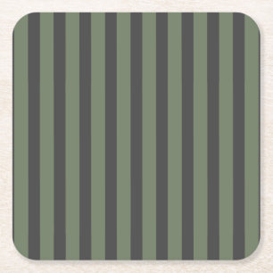 Olive Green Tick Striped Modern Square Paper Coaster