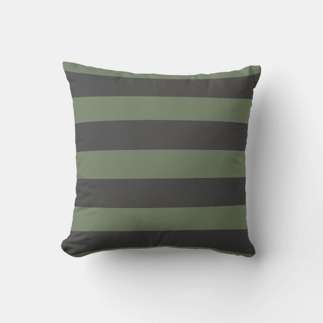 Olive Green Tick Striped Modern Throw Pillow (Front)