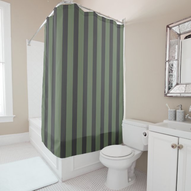 Olive Green Tick Striped Shower Curtain (In Situ)