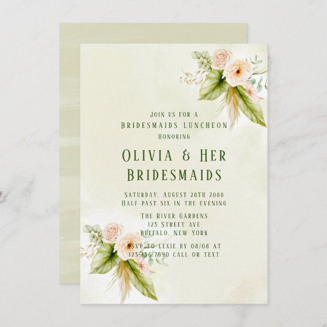 Olive Green Tropical Florals Bridesmaids Luncheon  Invitation (Front/Back)