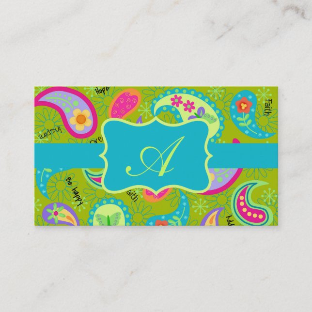 Olive Green Turquoise Modern Paisley Monogram Business Card (Front)