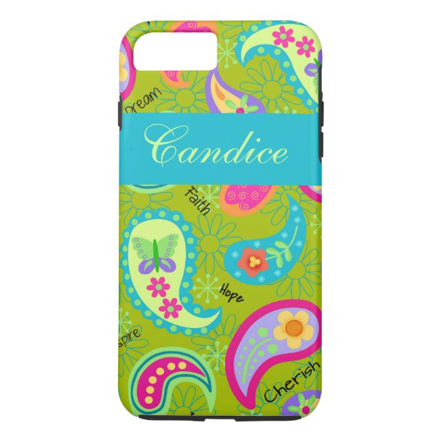 Olive Green Turquoise Modern Paisley Name Case-Mate iPhone Case (Back)