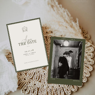 Olive Green Vintage Old Money Wedding Photo Save The Date
