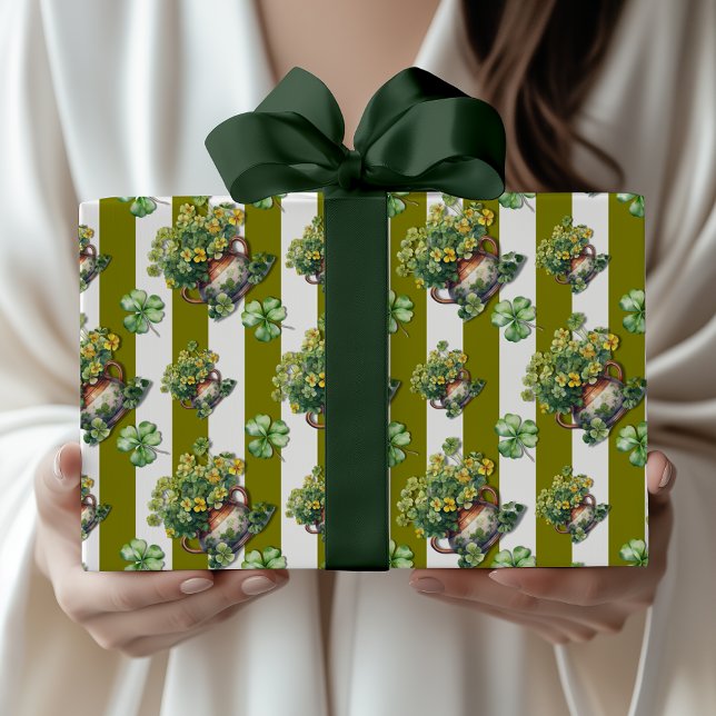 Olive Green Vintage Striped Clover Pot Wrapping Paper (Creator Uploaded)