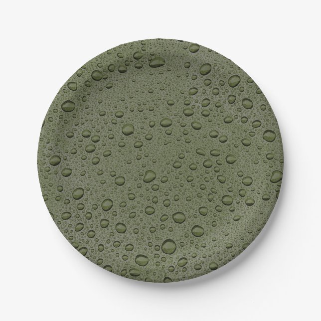 Olive green water droplets paper plate (Front)