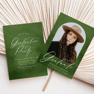 Olive Green Watercolor Arch Photo Graduation Party Invitation