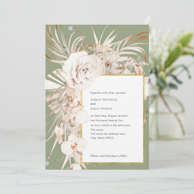 Olive green watercolor botanic floral wedding invitation (Standing Front)