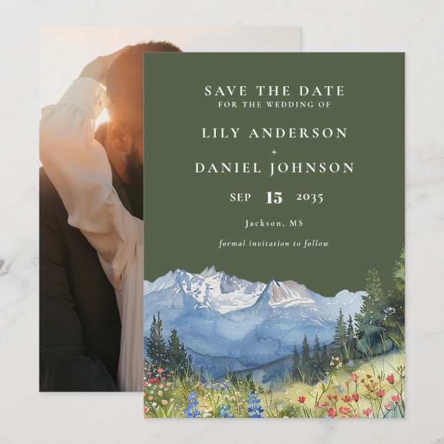 Olive Green Watercolor Mountain Photo Wedding Save The Date (Front/Back)