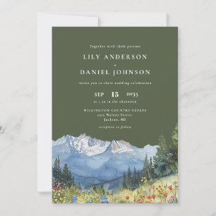Olive Green Watercolor Mountain QR Code Wedding Invitation