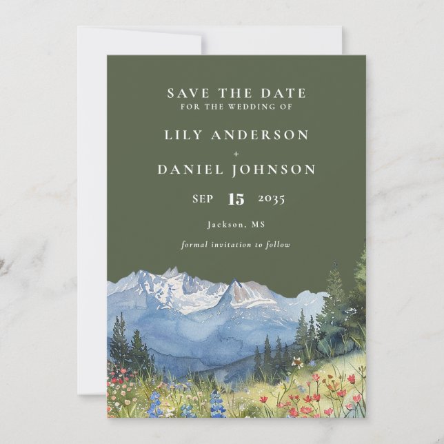 Olive Green Watercolor Mountain Wildflower Wedding Save The Date (Front)