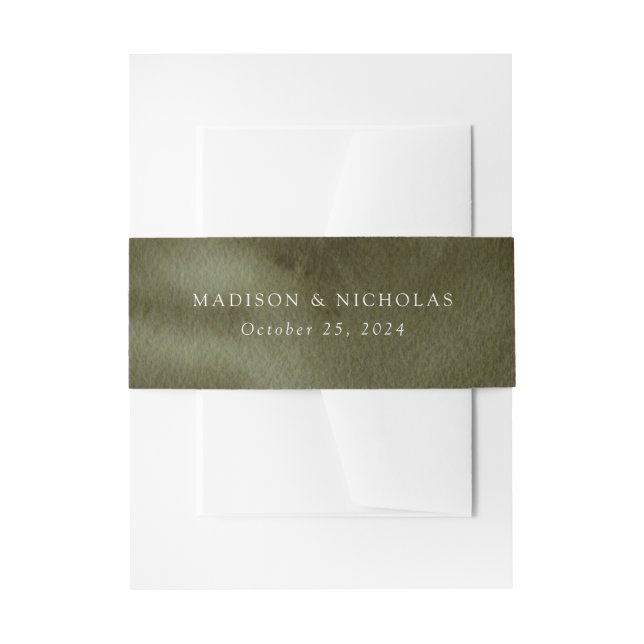 Olive Green Watercolor Personalized Wedding Invitation Belly Band (Front Example)