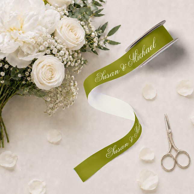 Olive Green Wedding Elegant Script Calligraphy  Satin Ribbon (Creator Uploaded)