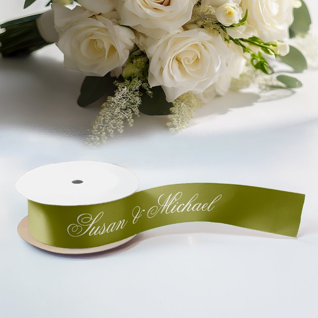Olive Green Wedding Elegant Script Calligraphy  Satin Ribbon (Creator Uploaded)