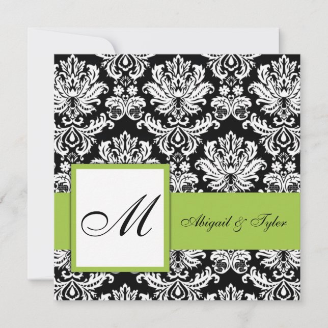 Olive Green Wedding Monogram Damask Invitation (Front)