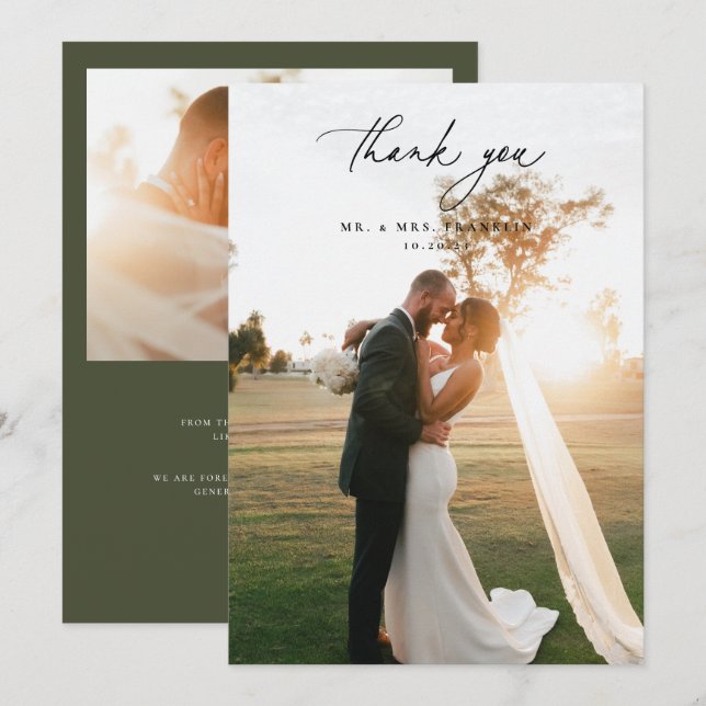 Olive Green Wedding Photo Thank You Card (Front/Back)