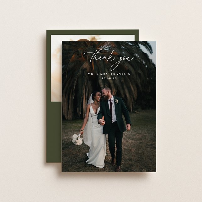 Olive Green Wedding Photo Thank You Card (Creator Uploaded)