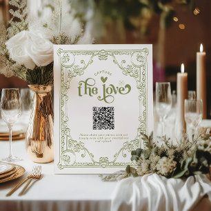 Olive Green Wedding the Love Photo Share QR Code Pedestal Sign