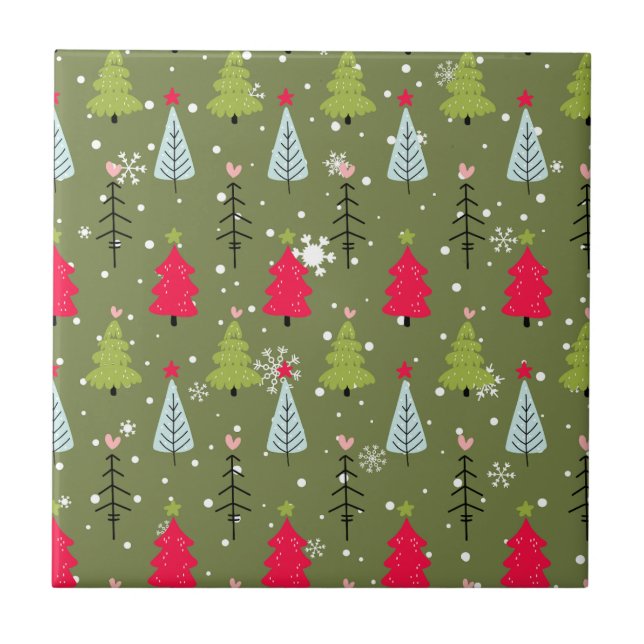 Olive Green Whimsical Christmas Tree Pattern Tile (Front)