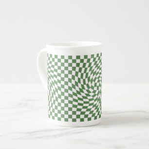 Olive Green & White Checks Checkered Pattern Bone China Mug