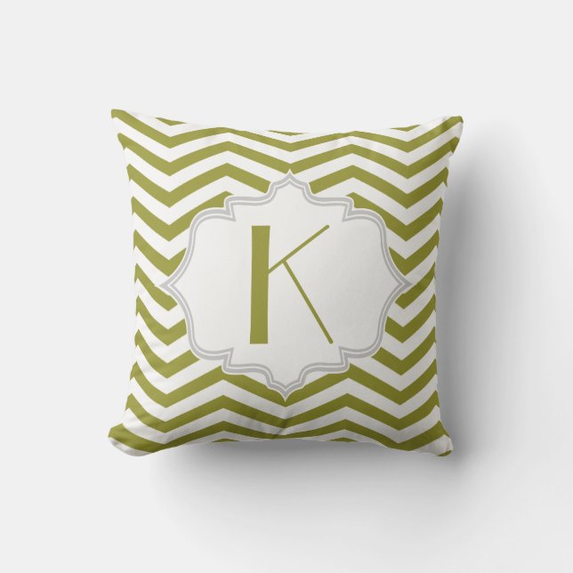 Olive green, white chevron zigzag pattern throw pillow (Front)
