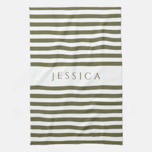 Olive Green & White Farmhouse Striped Pattern Kitchen Towel