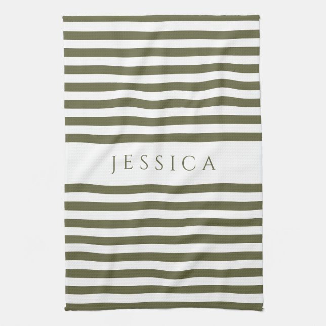 Olive Green & White Farmhouse Striped Pattern Kitchen Towel (Vertical)