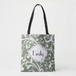 Olive Green/White Flourish Personalized Monogram Tote Bag<br><div class="desc">Personalized olive green and white flourish / floral monogram bag.  Add your own text.  Would make a nice bridesmaid gift.</div>