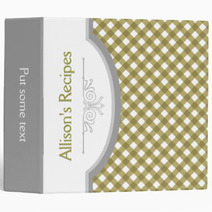 Olive green, white gingham pattern & frame recipe binder