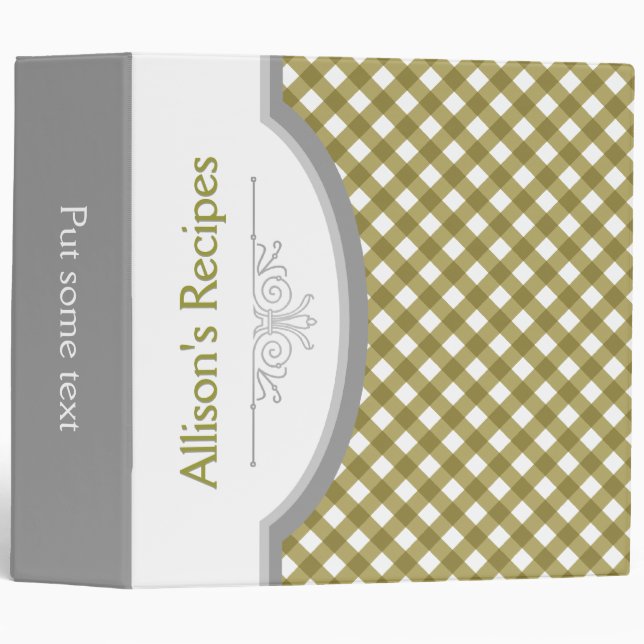 Olive green, white gingham pattern & frame recipe binder (Front/Spine)