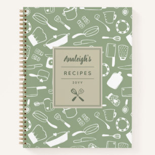 Olive Green White Hand Drawn Kitchenware Recipes Notebook