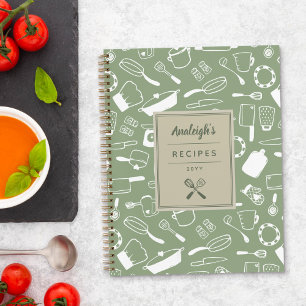 Olive Green White Hand Drawn Kitchenware Recipes Notebook