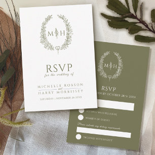 Olive green white hand drawn leaf monogram wedding RSVP card