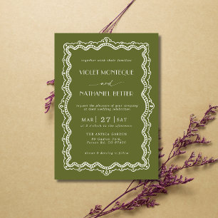 Olive Green White Lace Old Money Elegant Wedding Invitation