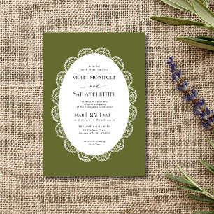 Olive Green & White Lace Old Money Rustic Wedding Invitation