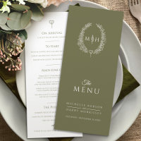 Olive green white leaf oval monogram wedding