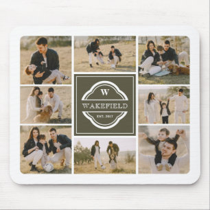 Olive Green White Monogram & Year Photo Collage Mouse Pad