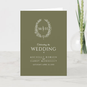 Olive green white oval leaf monogram art wedding program
