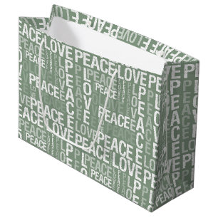 Olive Green White Peace Love Christmas Large Gift Bag