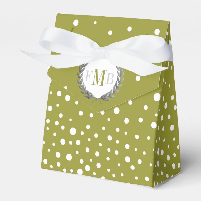 Olive green, white polka dot pattern wedding fav favor box (Front Side)