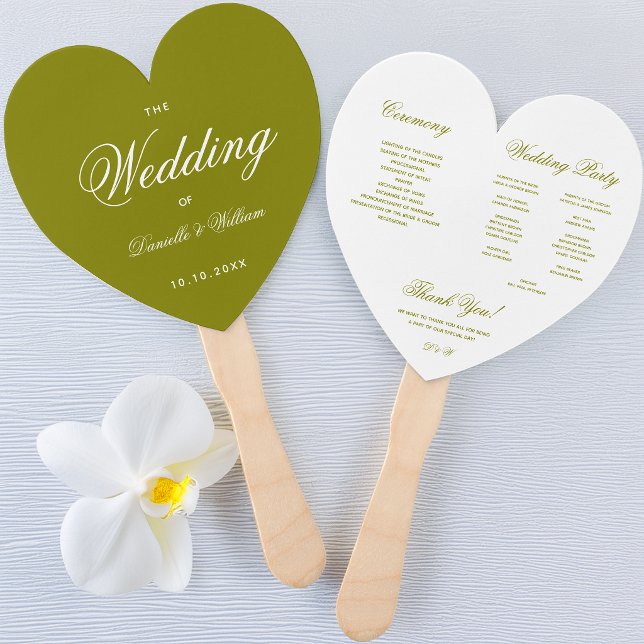 Olive Green White Script Heart Wedding Program Hand Fan (Creator Uploaded)