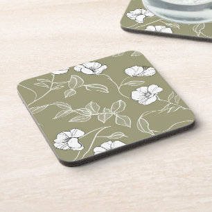 Olive green white simple line art  coaster